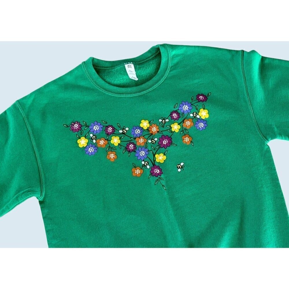 Retro Floral Bumble Bee Green Jerzees Sweatshirt Size Small